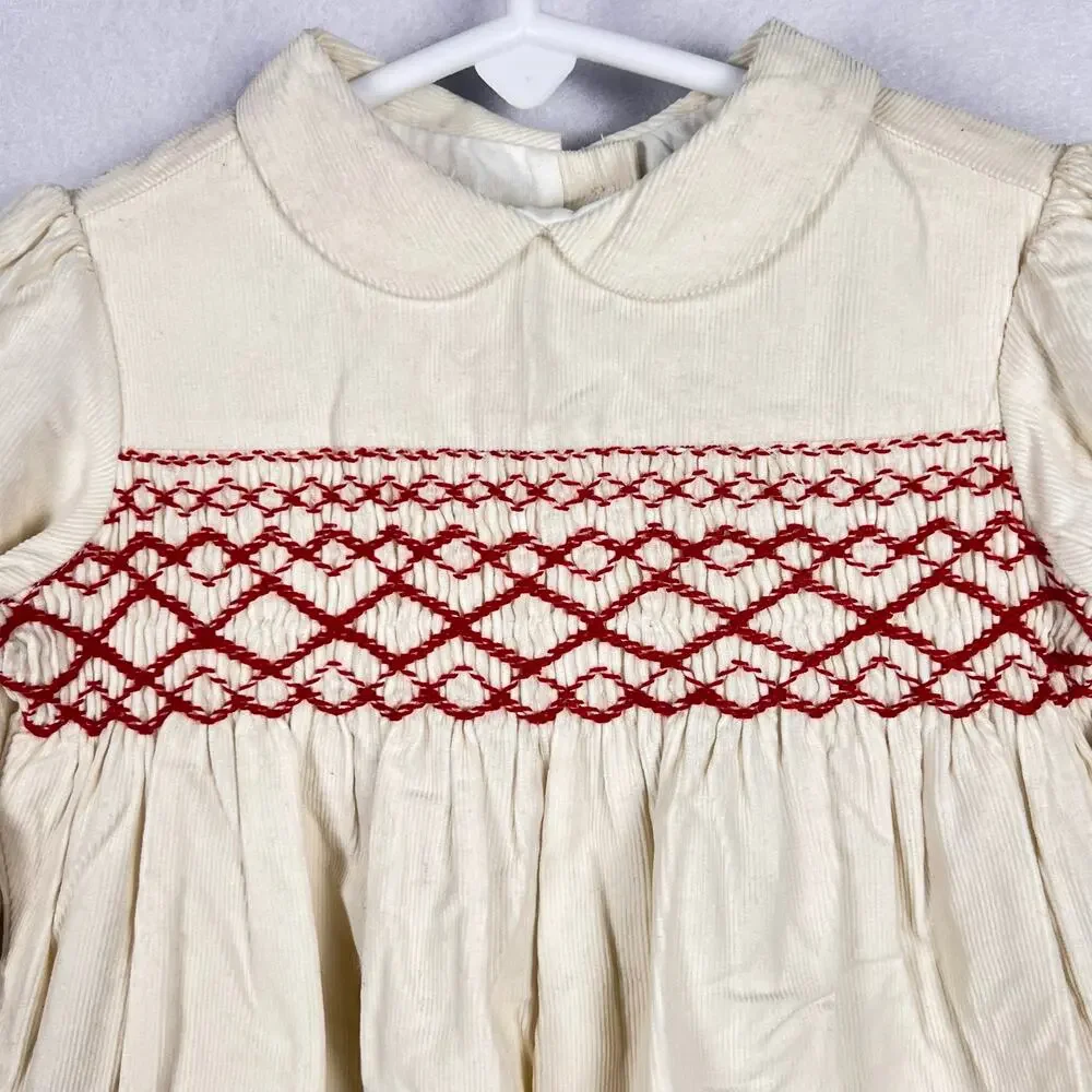 Vintage Ralph Lauren Baby Smocked Corduroy Romper 9M Months Cream Red Holiday